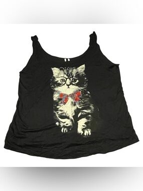 Cleo Love Culture - Black Tank Bedazzled Kitten Red Bow Black Glasses - NWT 2X